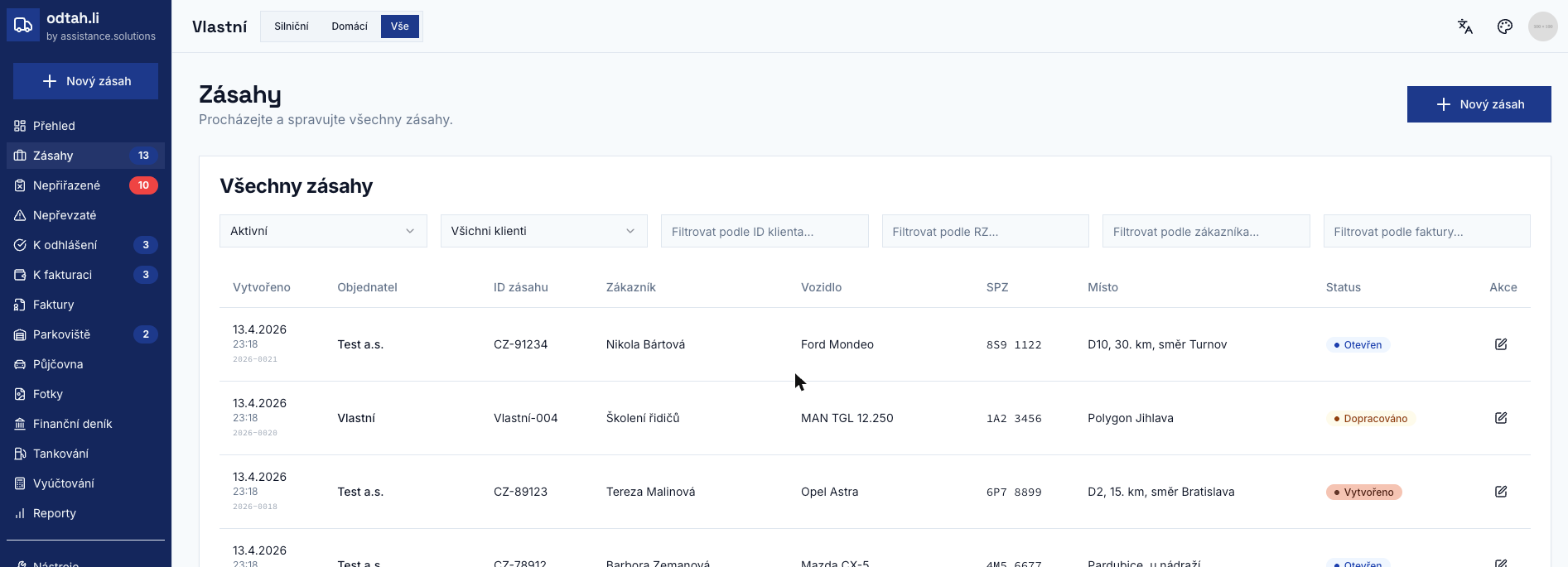 Real screenshot of odtah.li — job list with reference ID, customer, vehicle, and status